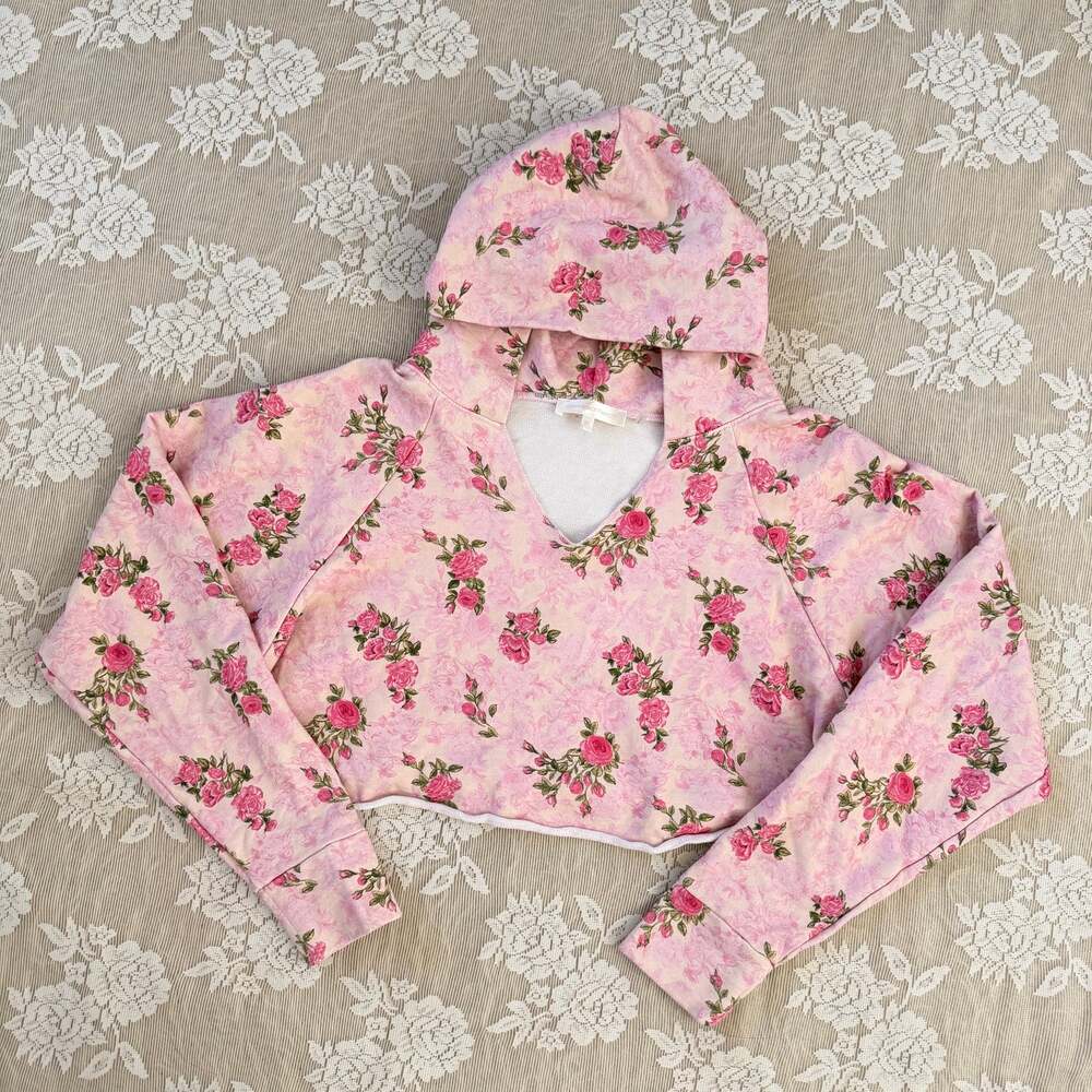 LoveShackFancy Pink Rose Floral Cropped Hoodie XS